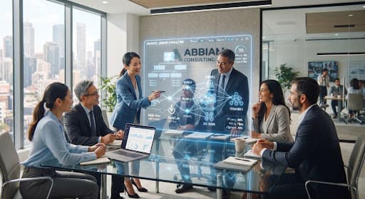 Modern corporate boardroom representing AI augmented organizational design
